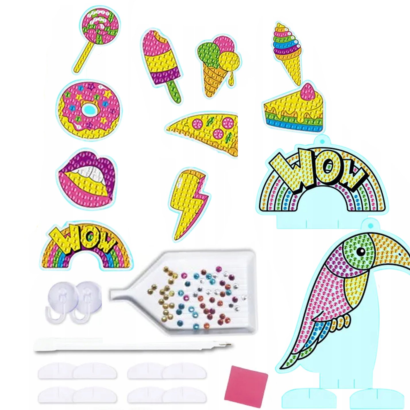 Set creativ 12 stickere mozaic cu diamante, Zola, model candy, autocolante cu sablon, diamante, aplicator, tavita, 2 ventuze Set creativ 12 stickere mozaic cu diamante, Zola, model candy, autocolante cu sablon, diamante, aplicator, tavita, 2 ventuze